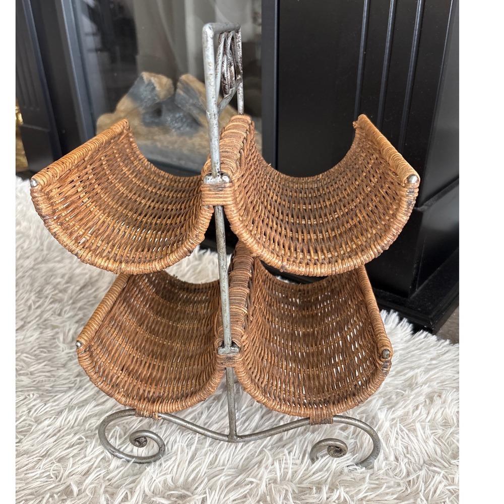 Vintage 4 Bottle Wicker Wine Holder Metal Stand Tiered Storage Rack Rustic Decor